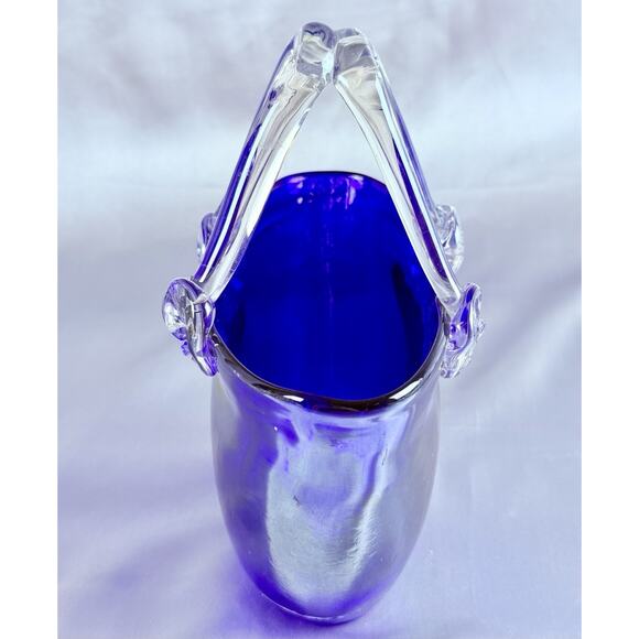 Vintage Art Glass Vase Purse Cobalt Blue Bag Murano Style Hand Blown Iridescent - Picture 4 of 9